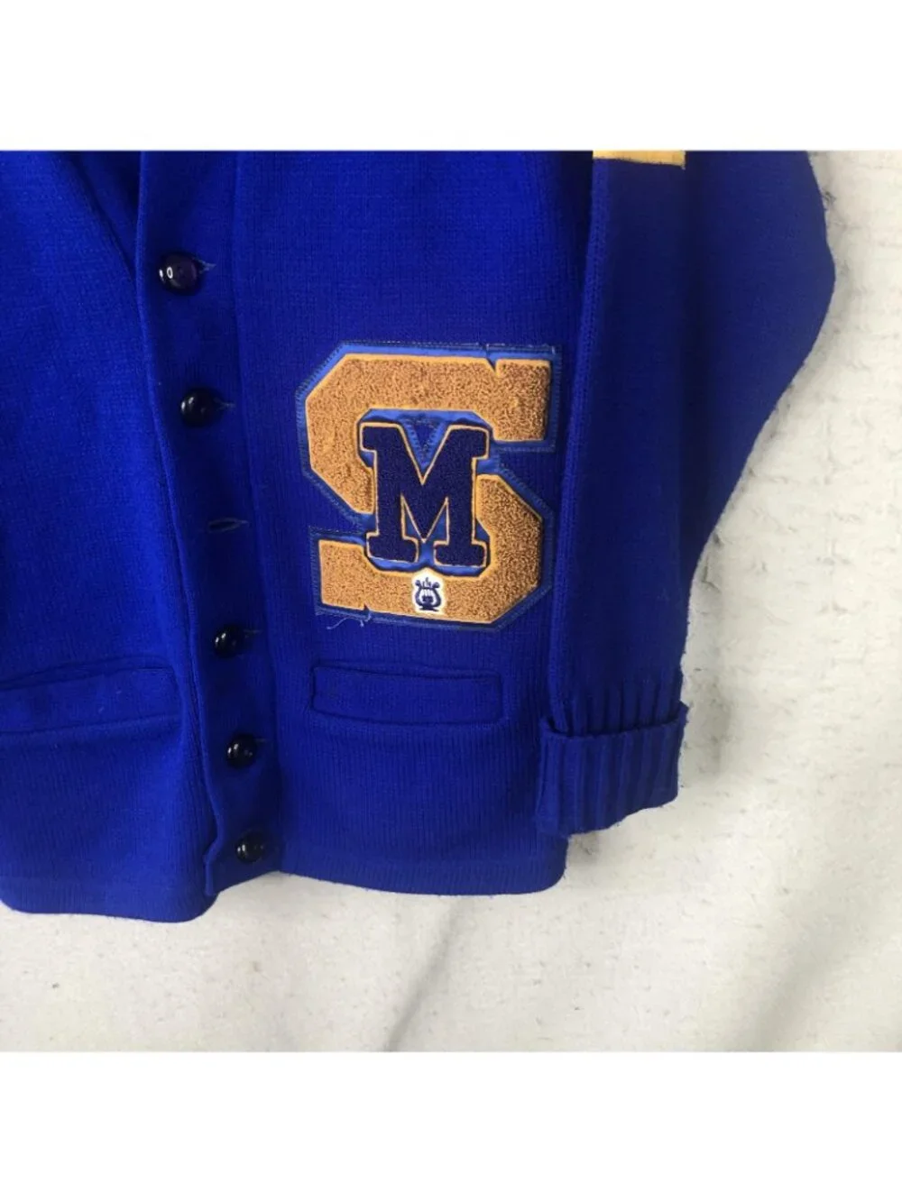 Vintage Varsity Cardigan Sweater Mens Small Blue Letterman 70s Academia Preppy